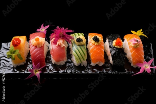 Wallpaper Mural Group of japanese sushi nigiri decorated with various toppings and vibrant edible flowers Torontodigital.ca