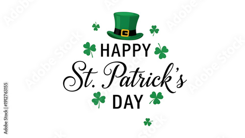 Happy St. Patrick's Day celebration with shamrocks and leprechaun hat