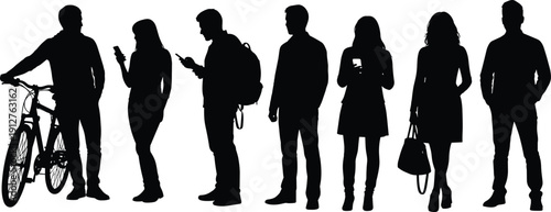 Silhouette of diverse people standing in a row including man with bicycle student with backpack and woman using mobile phone