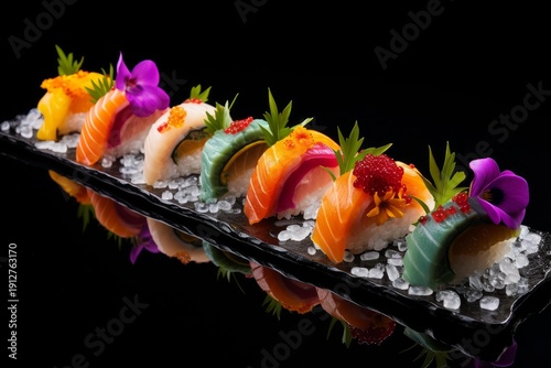 Wallpaper Mural Vibrant gourmet sushi artfully arranged on a unique serving platter with ice and garnished with flowers Torontodigital.ca