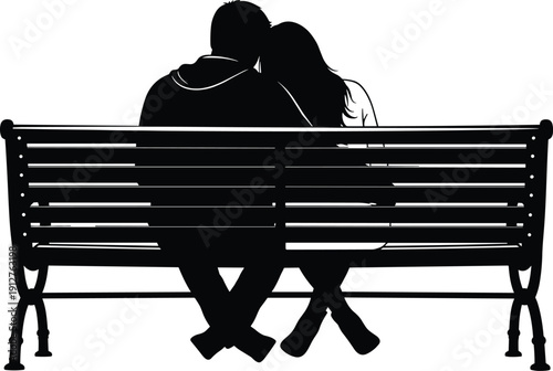 Silhouette of a romantic young couple sitting together on a wooden park bench from behind for love dating and romanceSilhouette of a romantic young couple sitting together on a wooden park bench 