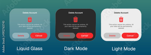 Delete account pop up UI design with liquid glass style