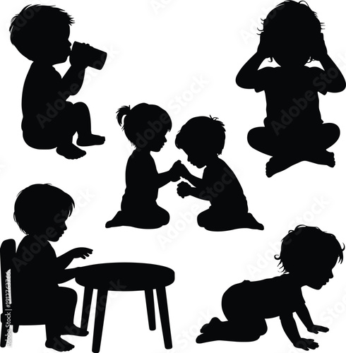 Cute toddler silhouette set with baby kids playing, crawling, sitting, drinking and learning activities, adorable children collection, black vector illustration design.