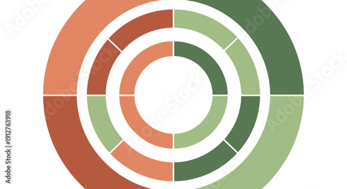 Multi-level radial donut chart data visualization. Infographic element showing segmented concentric circles for business analysis.