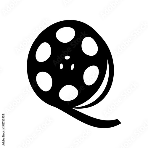 Black and white illustration of a film reel with exposed tape flowing out