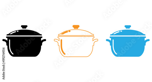 Three stylishly colored stock pots with different lid designs isolated on transparent background, Vector