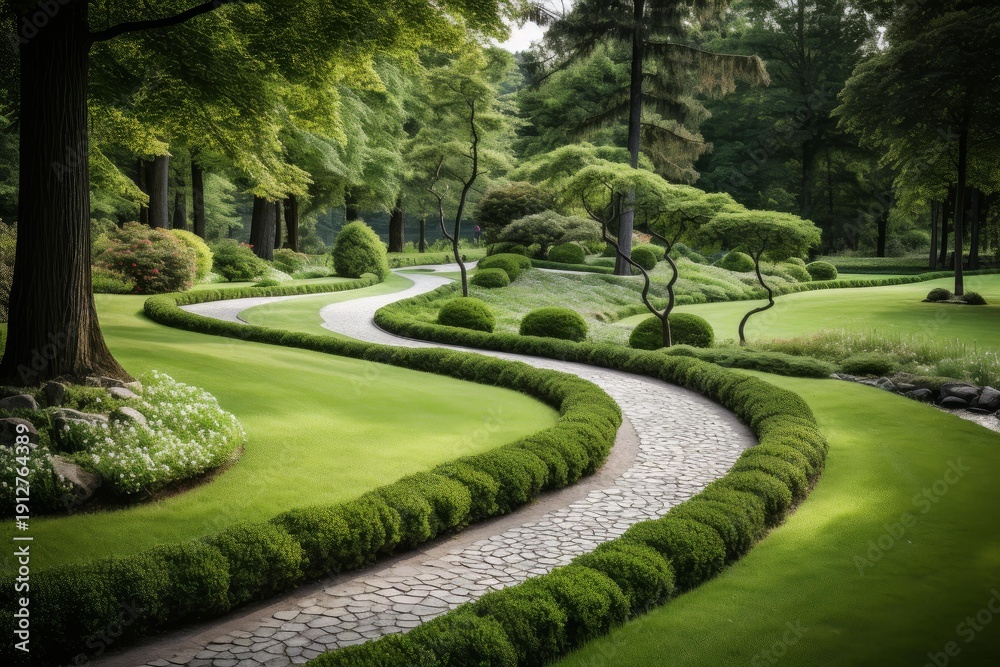 Fototapeta premium Stone path curving through lush green lawn and carefully sculpted hedges in a tranquil garden