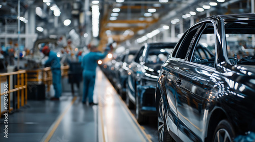Wallpaper Mural Busy automotive production line close-up of robots and faceless human workers coordinating on car assembly, polished bodies gleaming, defocused conveyor background, with copy space Torontodigital.ca