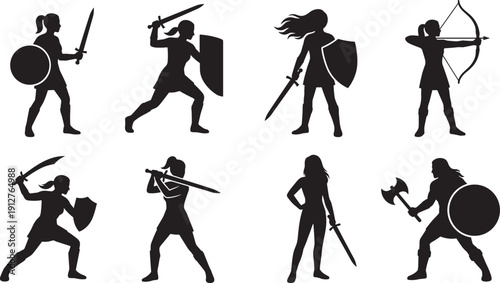 Female warrior silhouettes collection with sword shield axe and archer poses, medieval fantasy fighter vector set