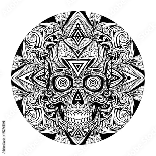 Intricate black and white sugar skull with detailed mandala patterns and tribal designs, a decorative and artistic illustration.