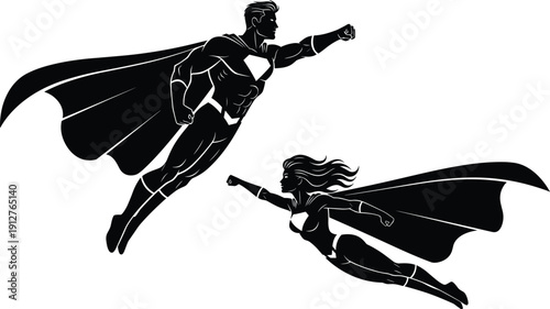 Superhero, couple, silhouette, flying, through, air, with, flowing, capes, male, and, female, heroes, isolated, on, white, background, vector, illustration, icons,