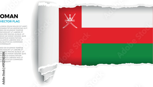 Flag of Oman. Flag revealed through torn paper rolled up on a transparent background