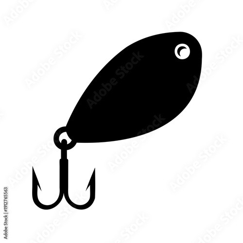 Simple graphic illustration of a black fishing lure with a treble hook