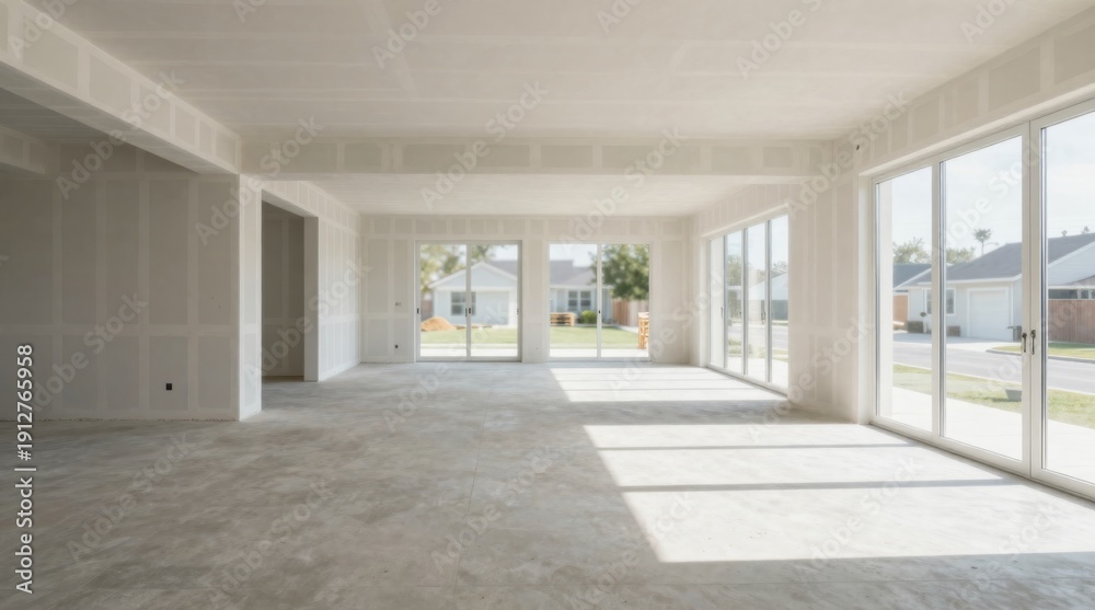 Obraz premium Unfinished Interior Space with Large Windows and Concrete Flooring in a Modern Home Renovation