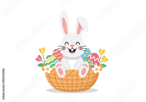 Easter Bunny sitting in a basket surrounded by colorful eggs and flowers