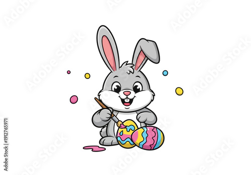 A cartoon rabbit decorates Easter eggs with a paintbrush in a festive scene