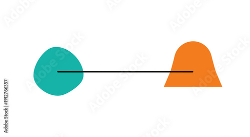 Minimalist abstract vector: Two organic shapes (teal, orange) connected by a precise black line. Connection, contrast, balance concept.