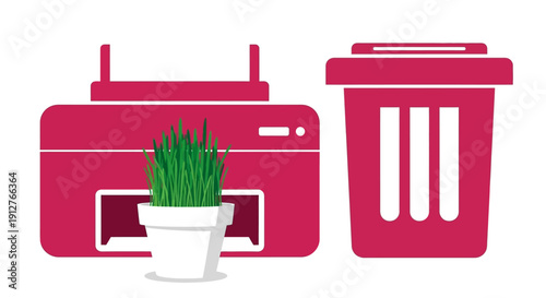 Sustainable Technology Concept: E-Waste Recycling Icon. Green grass growing from a printer next to a trash bin. Eco-friendly computing vector illustration.