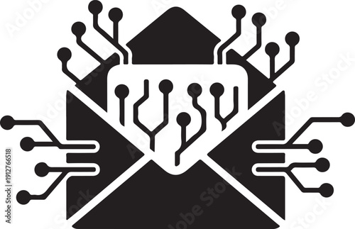 Black and white of a microchip on an opened envelope with circuit board technology