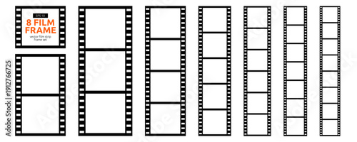 Film Photo Reel Strip Frame Set. Cinema Movie Film Camera Roll Kit. Photo Booth Reel Strip Frame Collection. Vector Graphic Clipart Elements