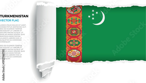 Flag of Turkmenistan. Flag revealed through torn paper rolled up on a transparent background