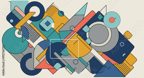 Abstract Geometric Composition with Colorful Shapes and Dynamic Design Elements