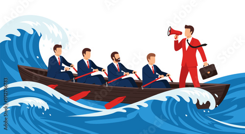 Business Team Rowing Boat in Stormy Seas, Leadership Concept, Vector Illustration