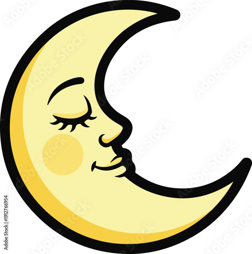 Smiling crescent moon face with closed eyes smiling face yellow black outline