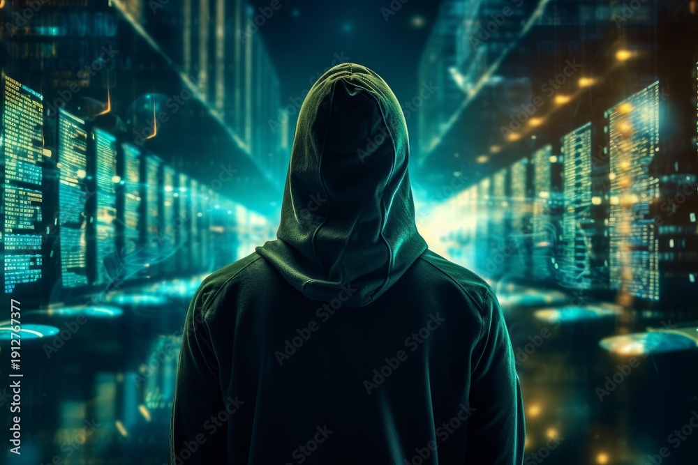custom made wallpaper toronto digitalHooded figure standing in a digital server room representing data security and cybercrime