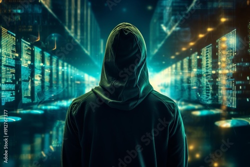 Wallpaper Mural Hooded figure standing in a digital server room representing data security and cybercrime Torontodigital.ca