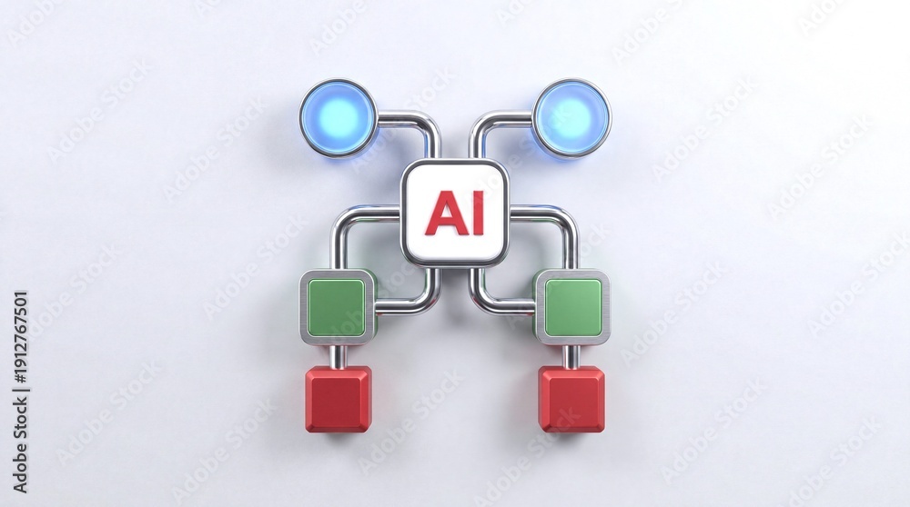 Obraz premium Artificial intelligence concept with glowing nodes and connected blocks representing data flow and processing