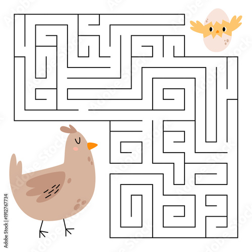 Easter maze game for kids. Cute chicken looking for a way to the chick. Printable worksheet with solution for school and preschool. Vector cartoon illustration.
