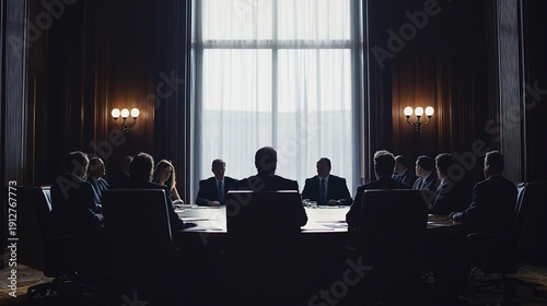 Shadowy Boardroom HighStakes Meeting Under Dramatic Lighting Silhouetted Figures.