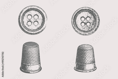 sewing buttons and thimbles in drawing, engraving, ink, line art style vector illustration. Eps 10