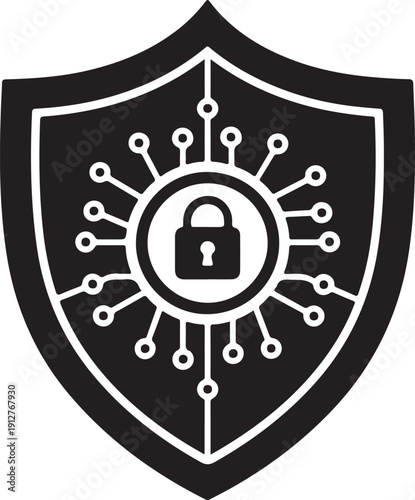 Black shield with white outline and lock symbol surrounded by circuit lines