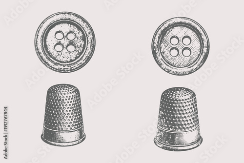 Hand-drawn sewing buttons and thimbles vector illustration. Vintage retro atelier equipment. Ink style illustration. Eps 10