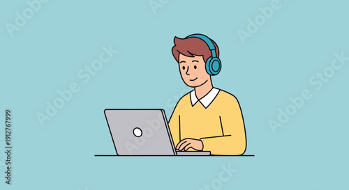 Man Wearing Headphones Working on Laptop.