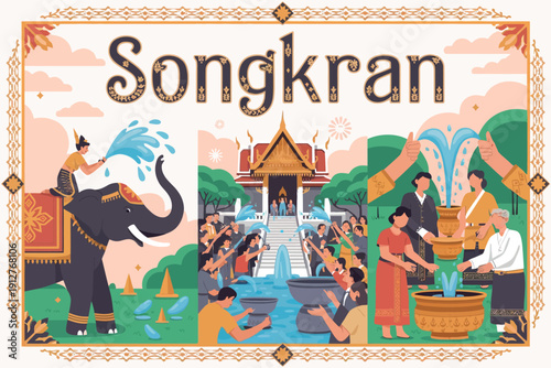 Wallpaper Mural Songkran Festival with Elephant, Water Blessings, and Traditional Thai Rituals Torontodigital.ca