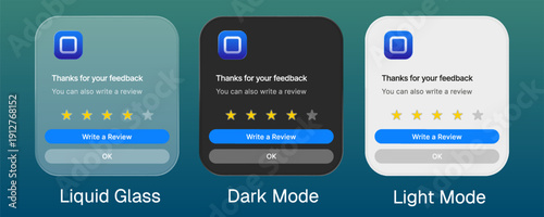 Write review button pop up UI design with liquid glass style