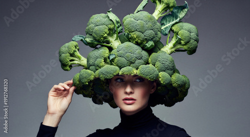 Young woman wearing creative hat made of fresh green broccoli florets posing against gray background