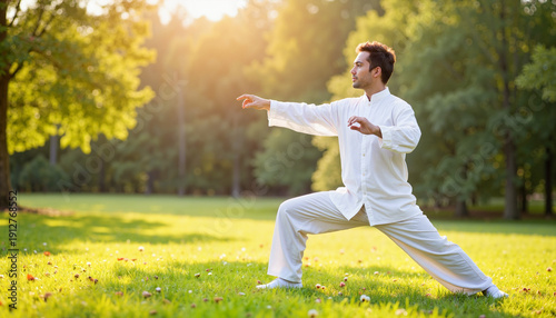 Focused Tai Chi practice in sunlit park, embracing self-care