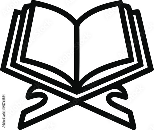 Open holy book or Quran on a rehal stand, depicted as a simple black vector line art icon, isolated on a transparent background for religious design.