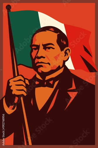 Retrato vectorial de Benito Juárez con bandera de México