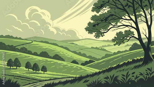 Vintage Style Illustration of Lush Rolling Green Hills and Meadows with Dramatic Clouds and a Solitary Tree