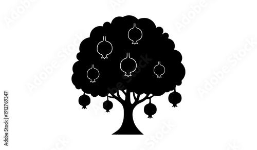 Pomegranate Tree Silhouette Vector with Hanging Fruits Isolated on White Background