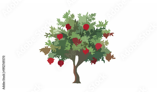 Pomegranate Tree Vector Illustration with Ripe Fruits and Leaves Isolated on White Background