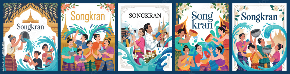 Obraz premium Songkran Festival Water Splash Celebration Collection with Thai Traditions and Culture