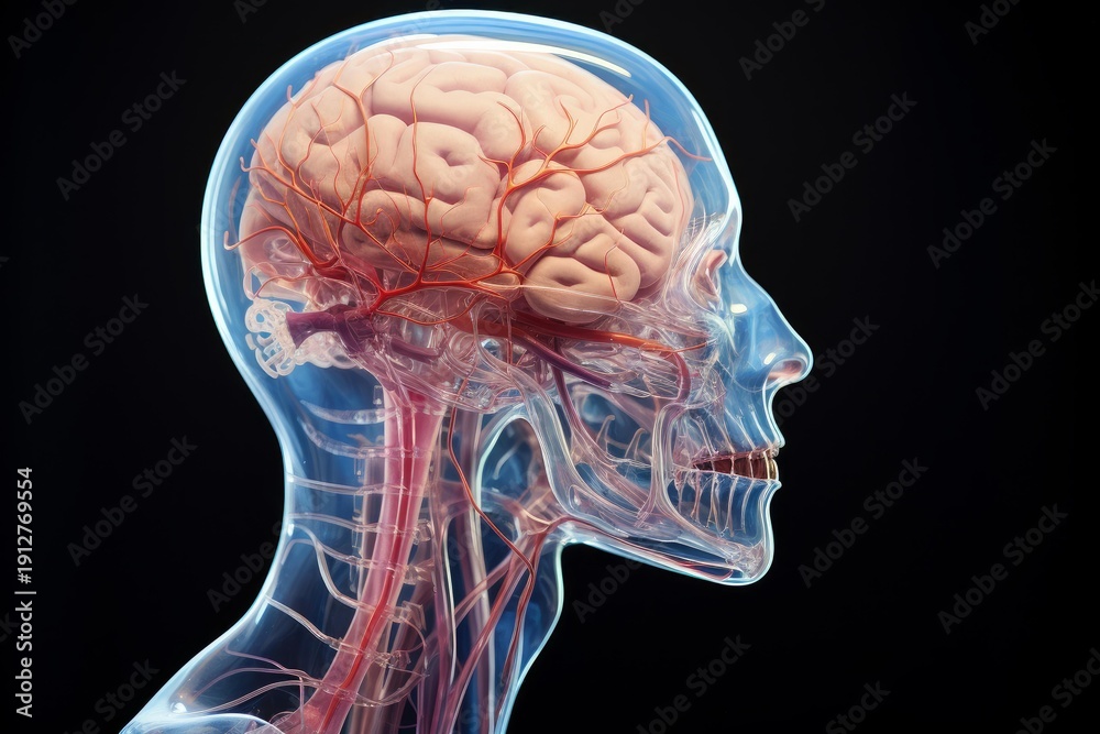 custom made wallpaper toronto digitalHuman head anatomy with visible brain, skull, neural pathways, and blood vessels