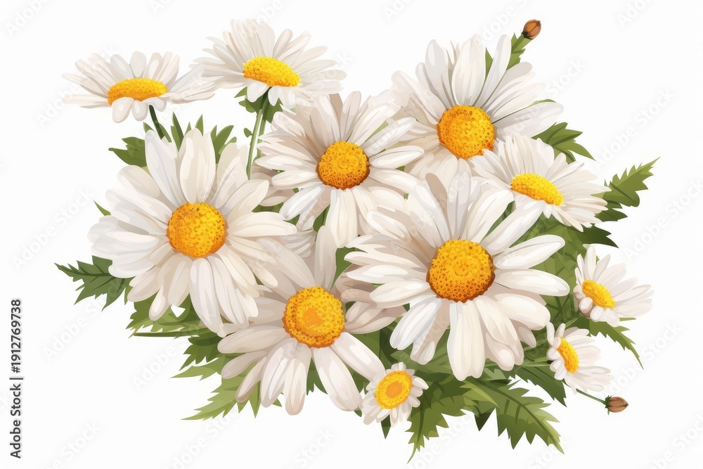 Obraz premium Daisy flowers with green leaves forming a fresh natural bouquet