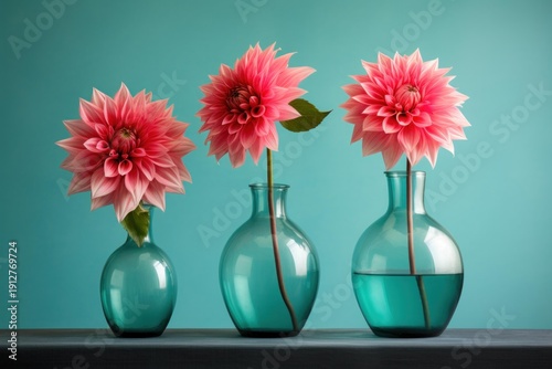 Pink dahlia flowers arranged in three teal glass vases on a dark surface